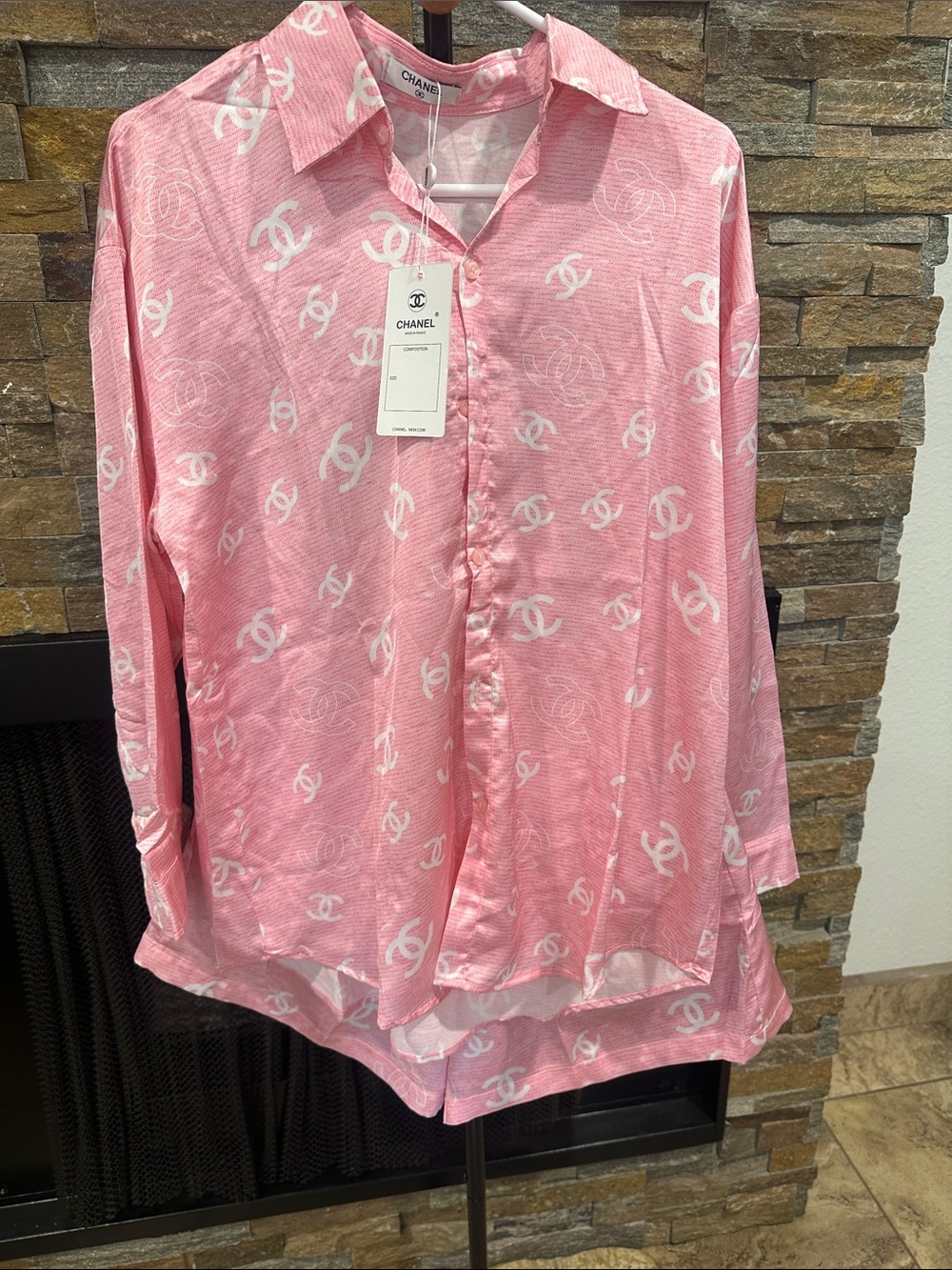 Pink Logo-Print Button-Up Shirt set size M
